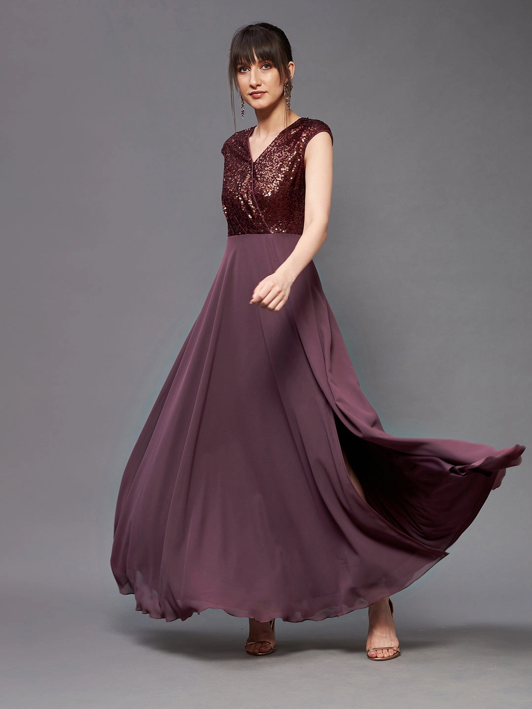 Front-Pocket Women's Mauve & Wine V-Neck Sleeveless Embellished Wrap Maxi Dress