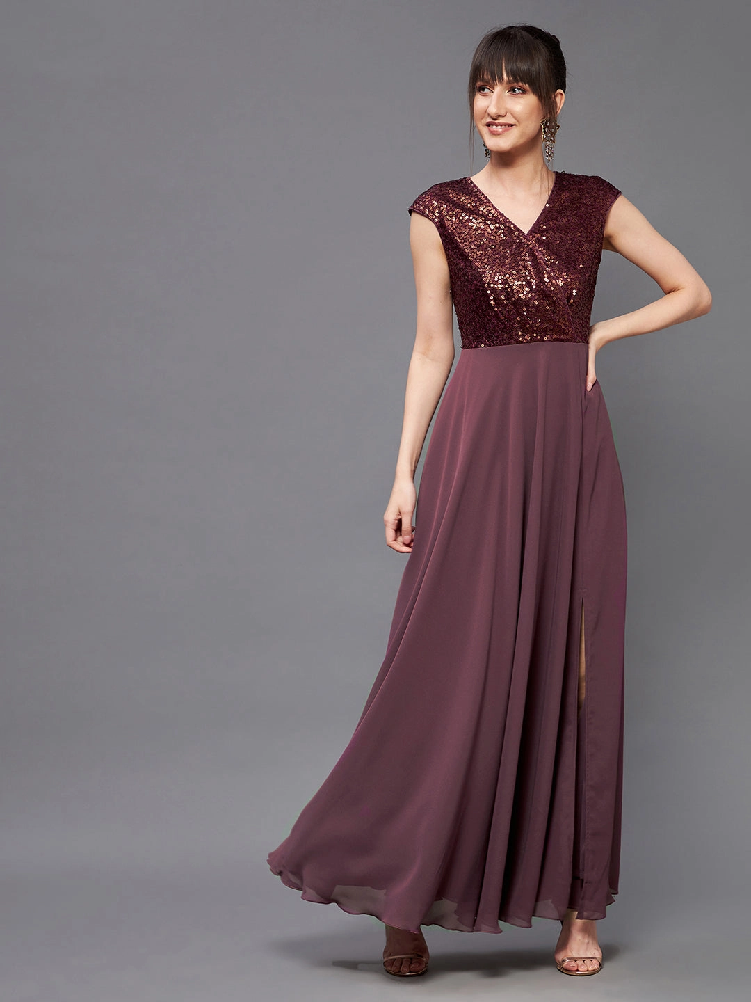 Modern Layers Women's Mauve & Wine V-Neck Sleeveless Embellished Wrap Maxi Dress