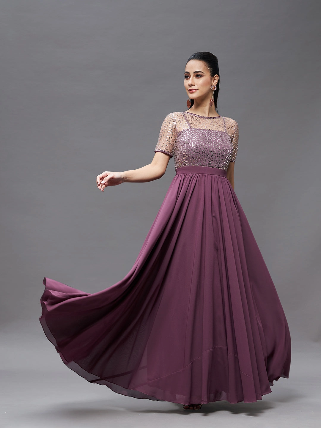 Women's Mauve Relaxed Fit Maxi Georgette & Sequins Dress Contemporary Fit Seamless Finish