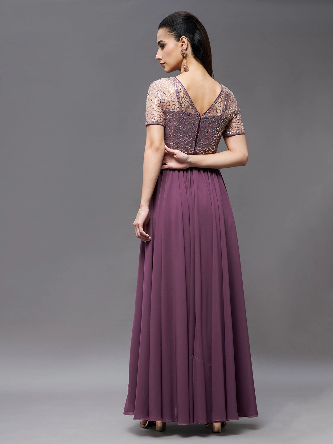 Women's Mauve Relaxed Fit Maxi Georgette & Sequins Dress Light Appeal Velvet-Touch