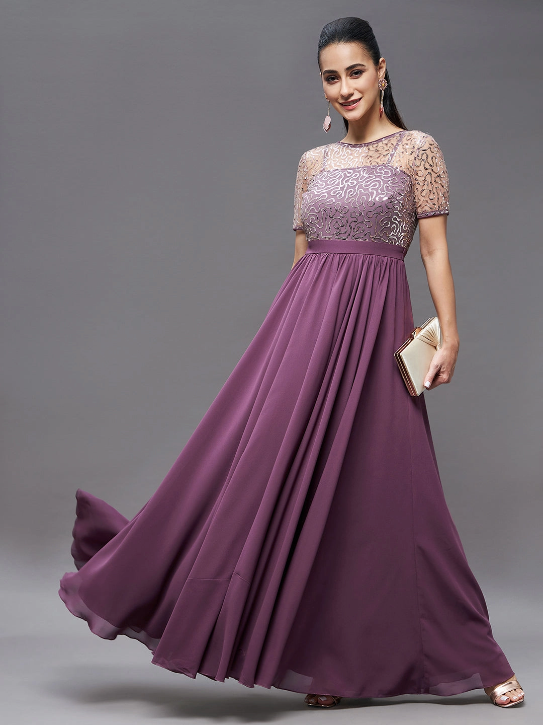 Women's Mauve Relaxed Fit Maxi Georgette & Sequins Dress Grace Color Romance Soul
