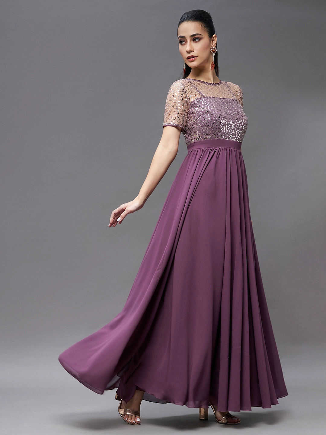 Sleek Outline Women's Mauve Relaxed Fit Maxi Georgette & Sequins Dress