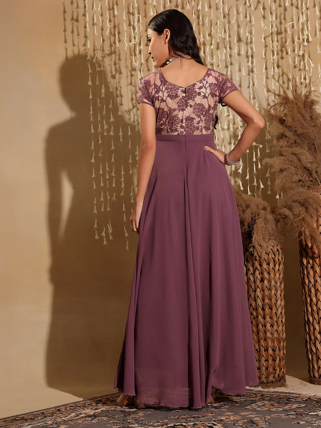 Women's Mauve Square-Neck Raglan-Sleeve Self-Designed Flared Georgette Maxi Dress Comfortable Layer