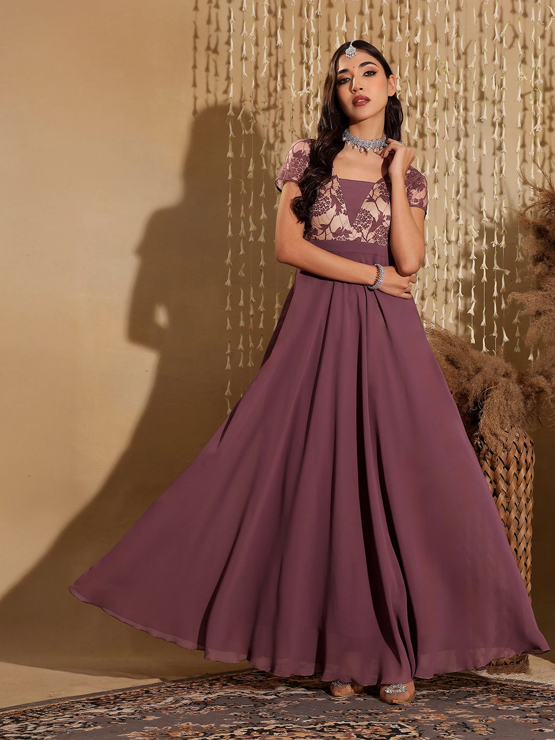 Women's Mauve Square-Neck Raglan-Sleeve Self-Designed Flared Georgette Maxi Dress Modern Waist Design Comfy Style