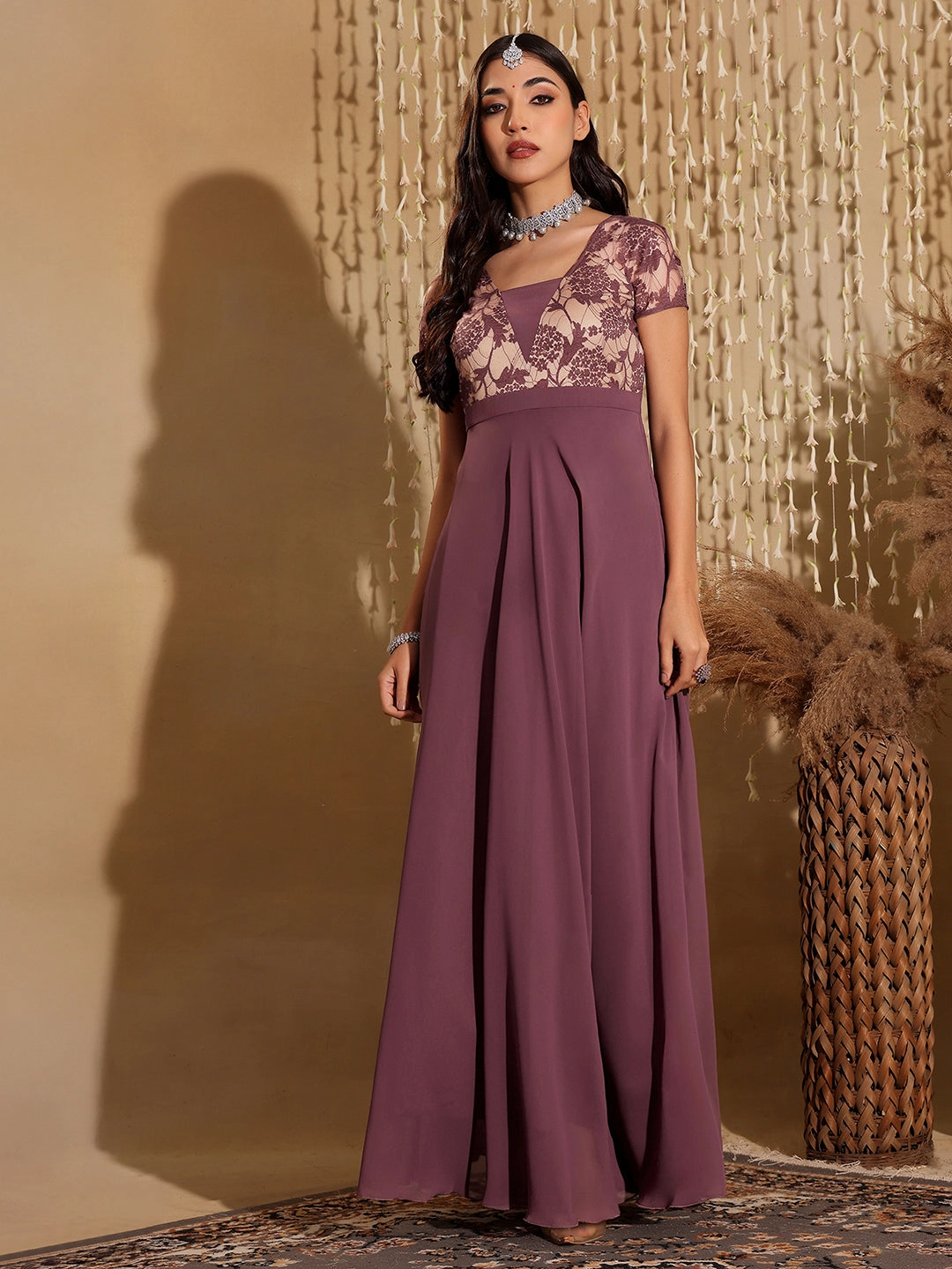 Women's Mauve Square-Neck Raglan-Sleeve Self-Designed Flared Georgette Maxi Dress Country View foldable