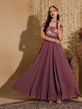 Women's Mauve Square-Neck Raglan-Sleeve Self-Designed Flared Georgette Maxi Dress Modern Waist Design Comfy Style