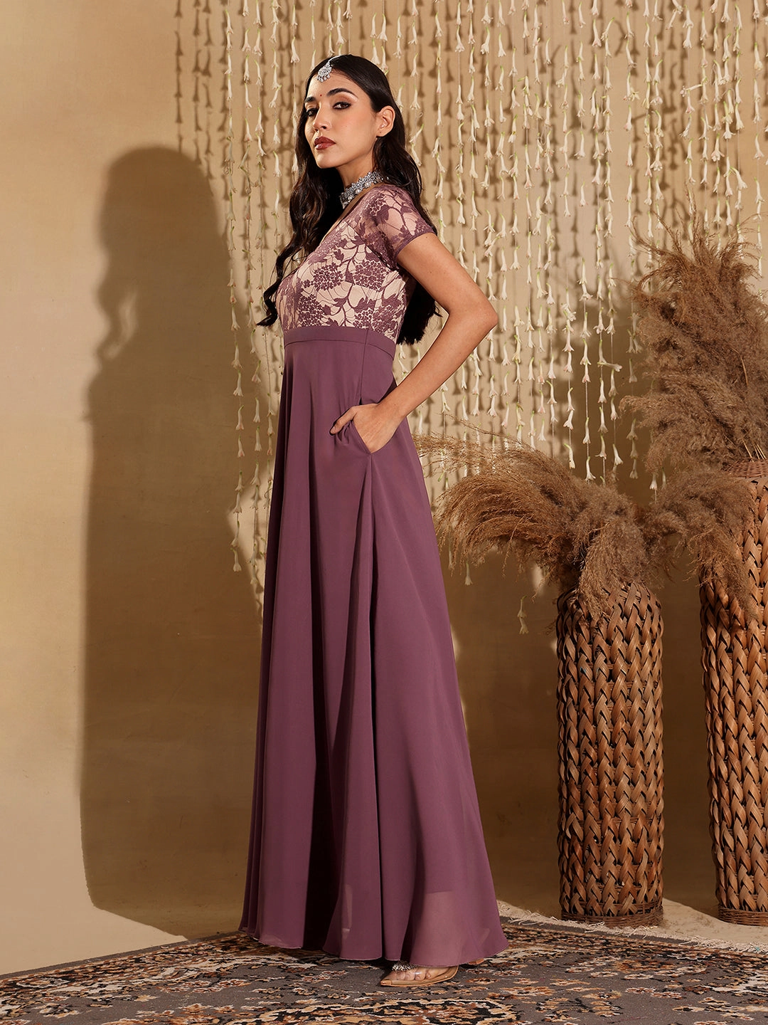 urban vibe Formal Aura Women's Mauve Square-Neck Raglan-Sleeve Self-Designed Flared Georgette Maxi Dress