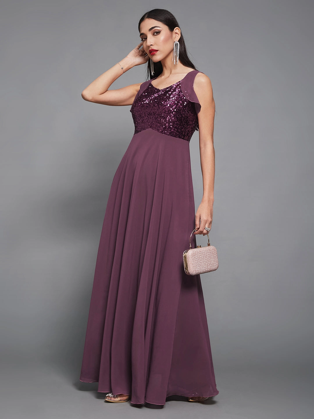 Women's Mauve Sweet-Heart Neck Sleeveless Embellished Fit & Flare Maxi Dress Daily Essential
