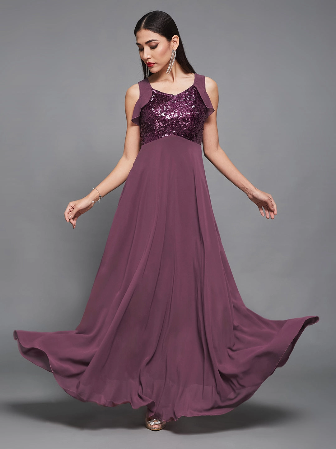 Women's Mauve Sweet-Heart Neck Sleeveless Embellished Fit & Flare Maxi Dress Travel Staple Relaxed Fit