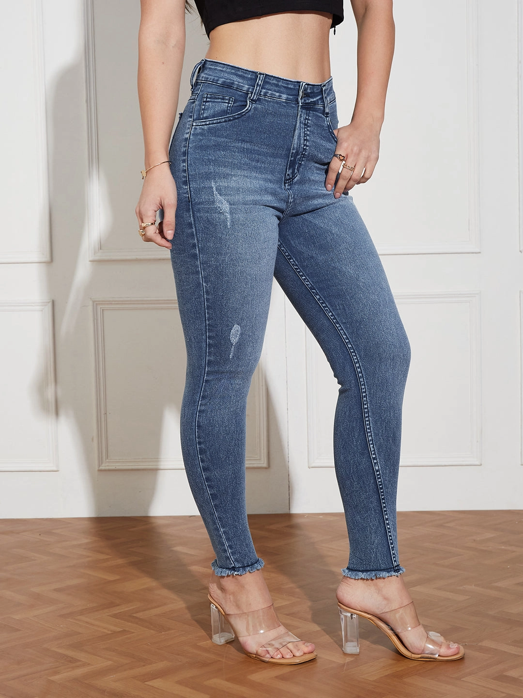 Women's Mid Blue High Rise Mildly-Distressed Cropped Stretchable Denim Skinny Jeans Moisture Wicking Lining Iconic Outfit