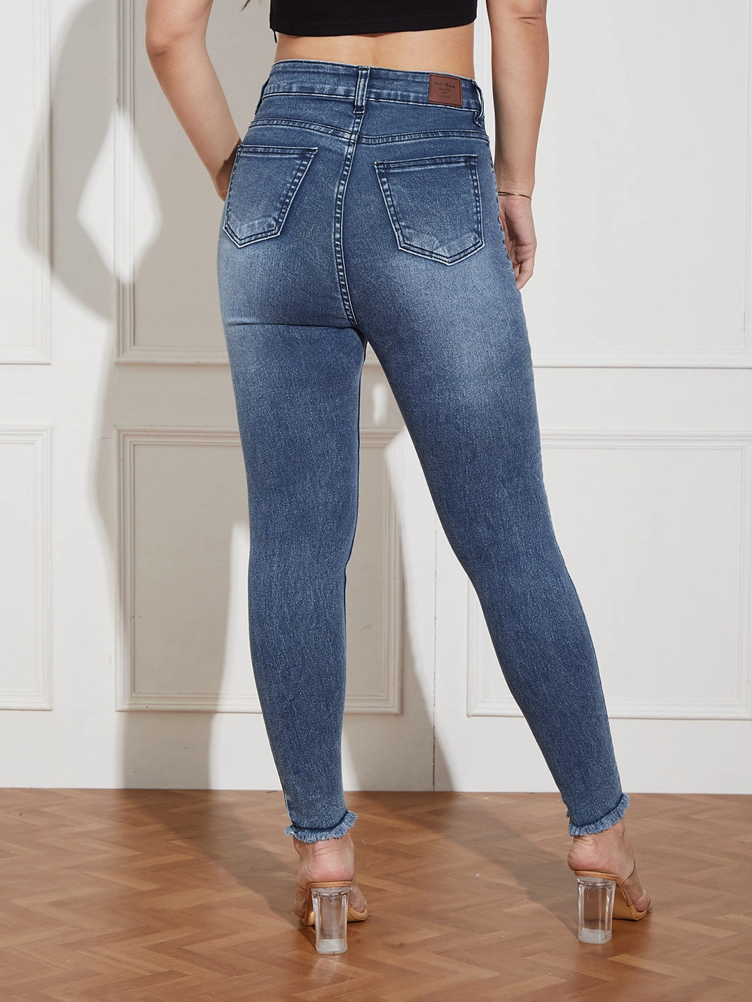 Women's Mid Blue High Rise Mildly-Distressed Cropped Stretchable Denim Skinny Jeans Elegant Formal