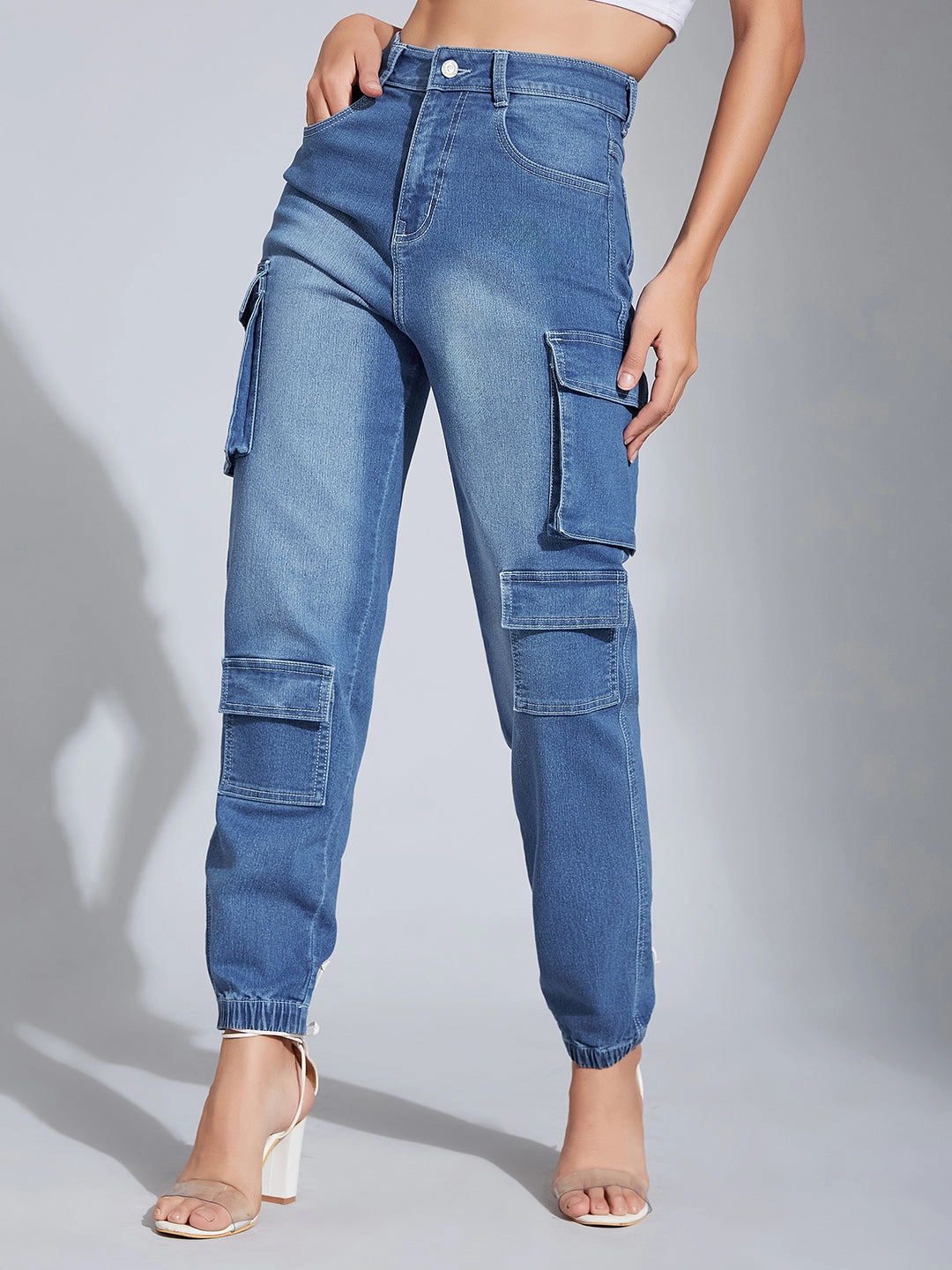 Durable Eco Friendly Women's Mid-Blue Regular High-Rise Regular Stretchable Denim Joggers