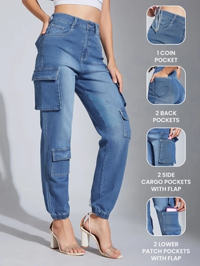 Friction Free Inner Lining Women's Mid-Blue Regular High-Rise Regular Stretchable Denim Joggers