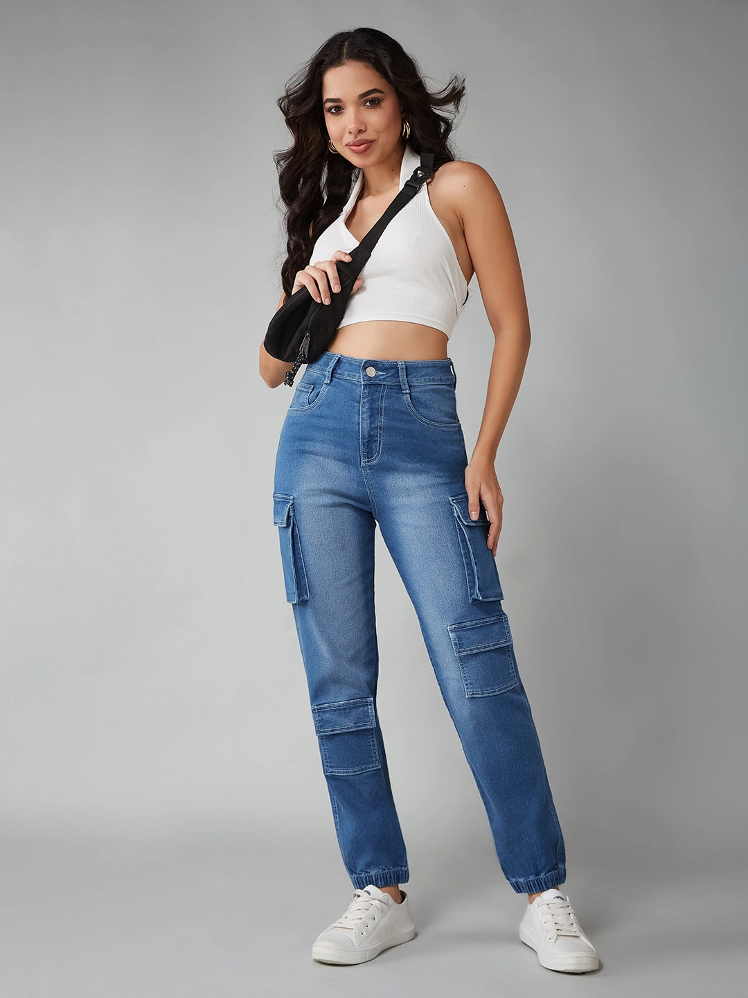 Go-To Style Women's Mid-Blue Regular High-Rise Regular Stretchable Denim Joggers