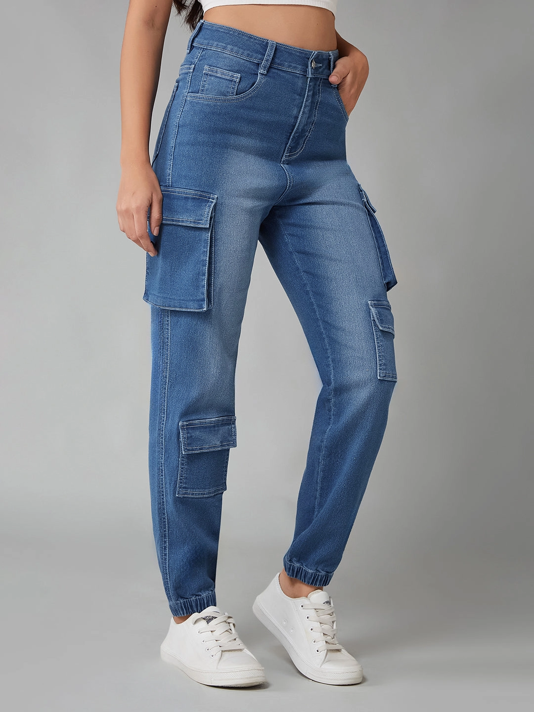 Women's Mid-Blue Regular High-Rise Regular Stretchable Denim Joggers Lifestyle Choice