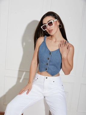 Trendy Design AntiStaticMaterial Women's Mid Blue V-Neck Elasticated Straps Sleeve Solid Waistcoat-Styled Cropped Denim Top