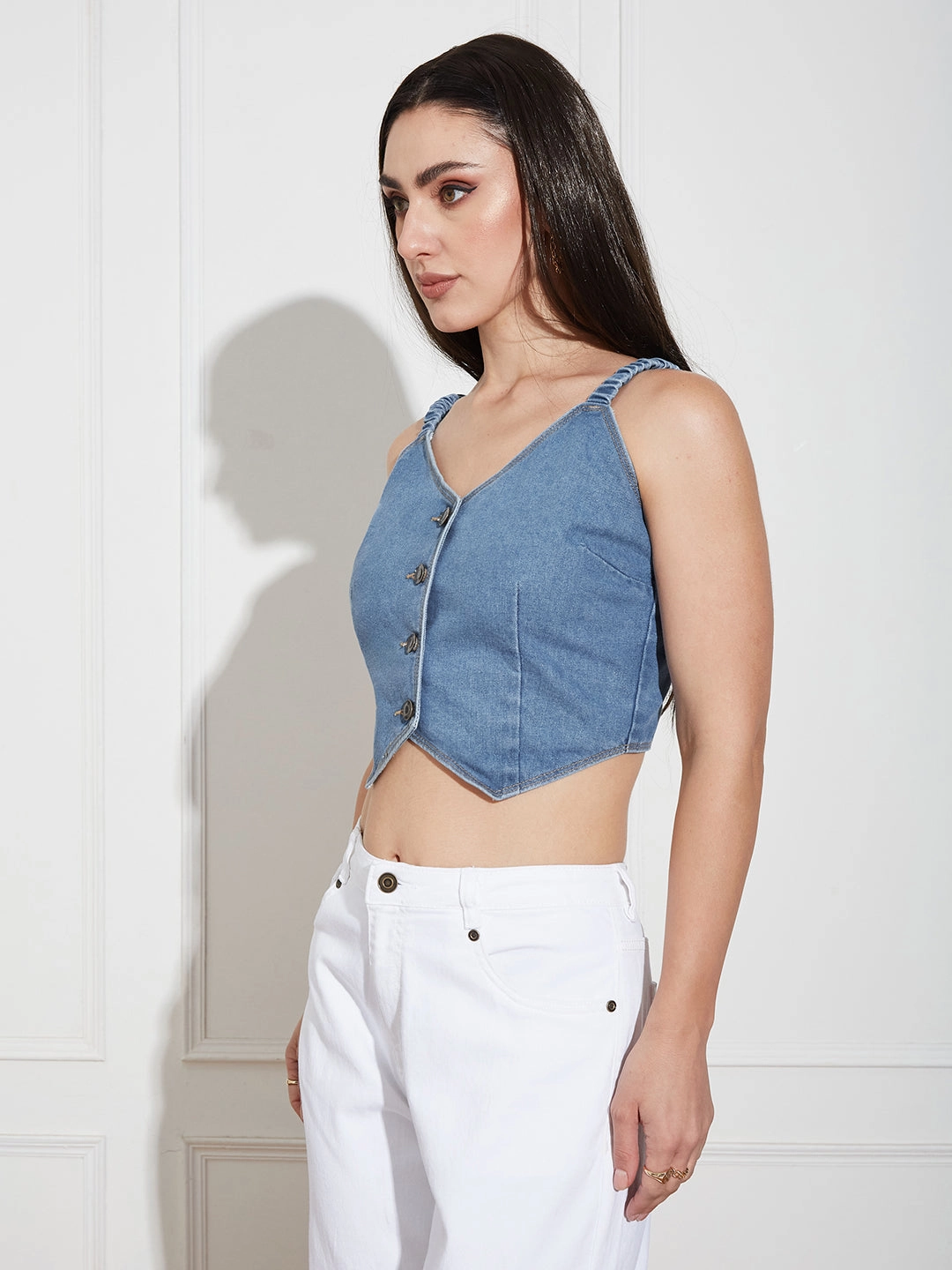 Women's Mid Blue V-Neck Elasticated Straps Sleeve Solid Waistcoat-Styled Cropped Denim Top Travel Option Daywear Comfort