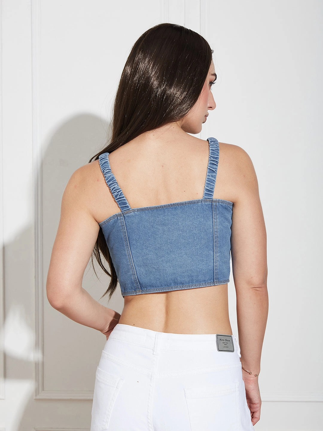 Women's Mid Blue V-Neck Elasticated Straps Sleeve Solid Waistcoat-Styled Cropped Denim Top Vintage feel