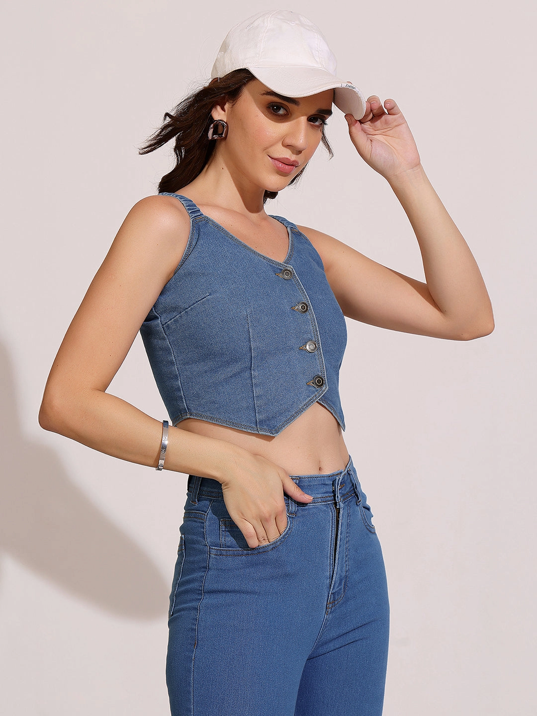 Distressed Texture Women's Mid-Blue V-Neck Elasticated Straps Solid Waistcoat-Styled Cropped Denim Top