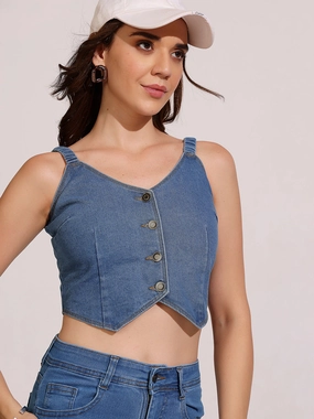 Women's Mid-Blue V-Neck Elasticated Straps Solid Waistcoat-Styled Cropped Denim Top Airflow Vents Microfiber Technology