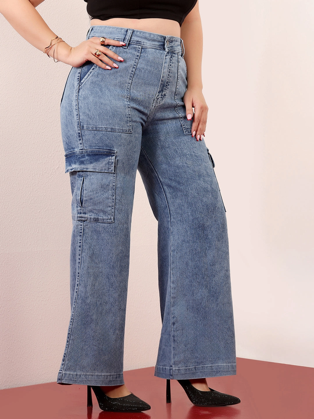 Weekend Getaway Outdoor Adventure Picnic Style Breathable Lining Women's Mid Blue Wide-Leg High-Rise Clean-Look Regular-Length Stretchable Cargo Denim Jeans