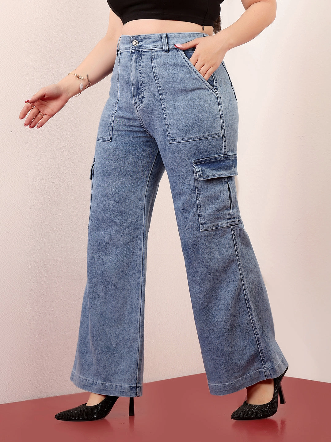 Women's Mid Blue Wide-Leg High-Rise Clean-Look Regular-Length Stretchable Cargo Denim Jeans Youth Style Office Wear