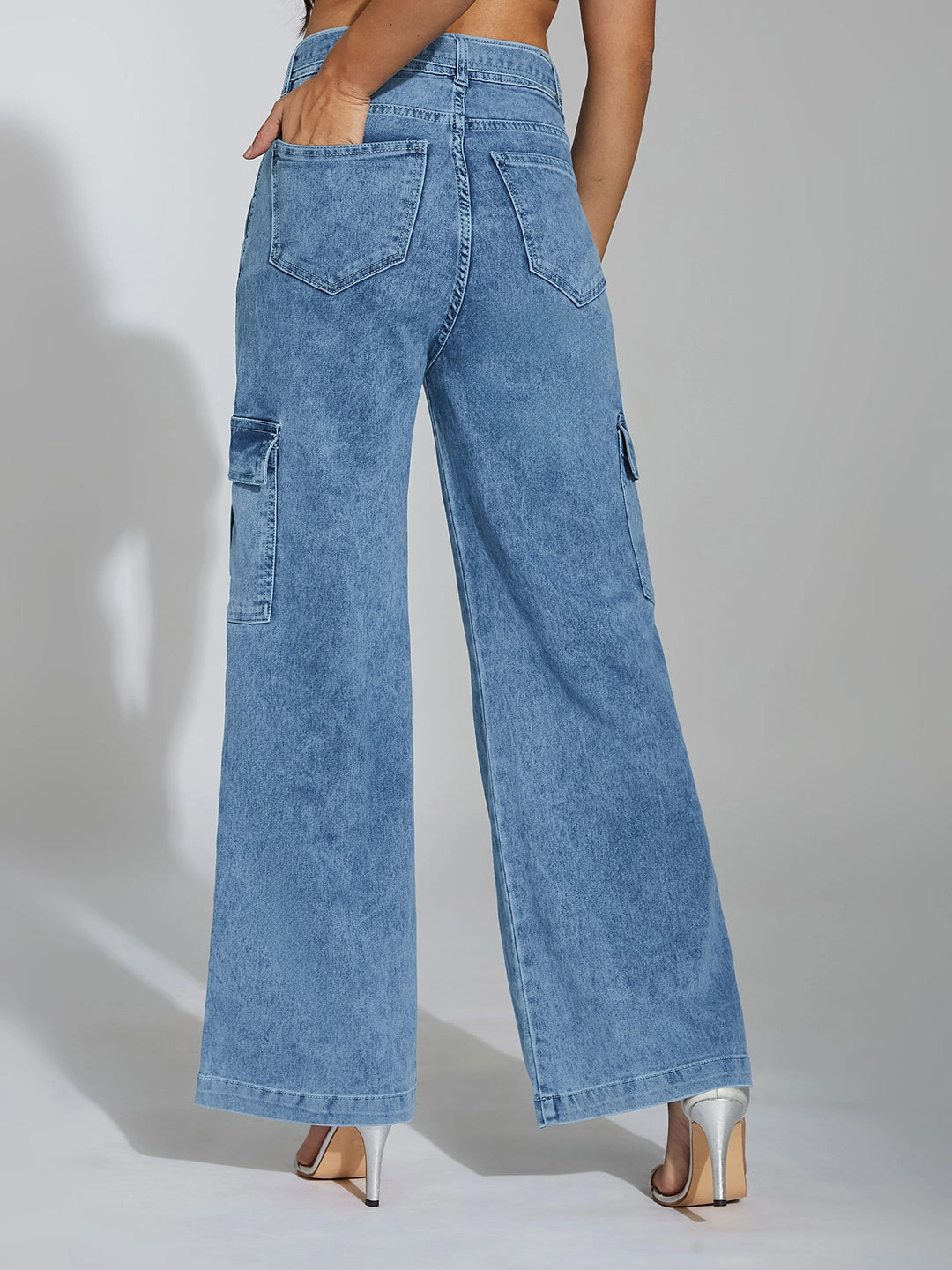 Trend Setter Chill Outfit Student Outfit Women's Mid Blue Wide-Leg High-Rise Clean-Look Stretchable Cargo Denim Jeans