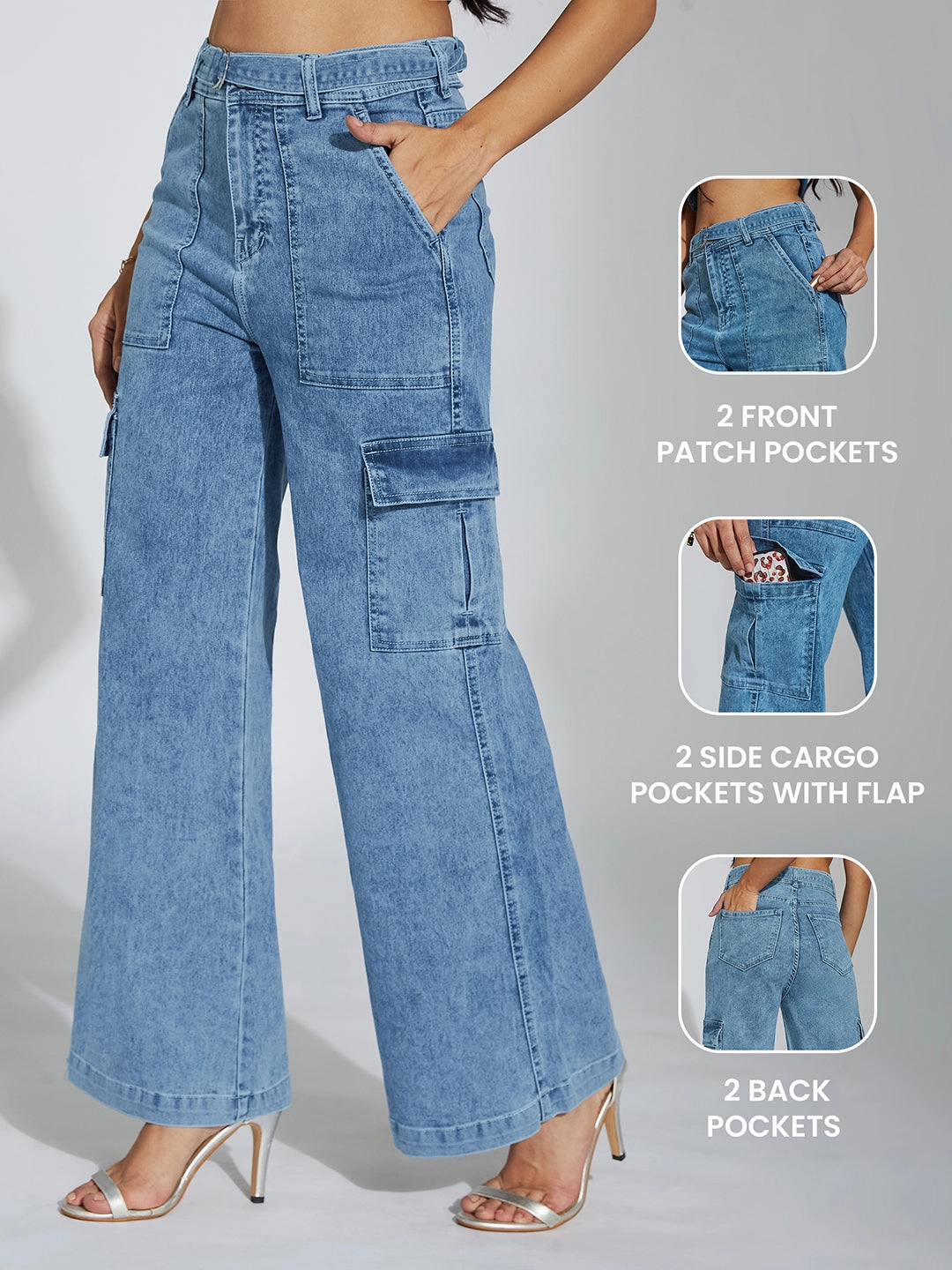 Women's Mid Blue Wide-Leg High-Rise Clean-Look Stretchable Cargo Denim Jeans Anti Odor Fabric Treatment Music Event Picnic Style