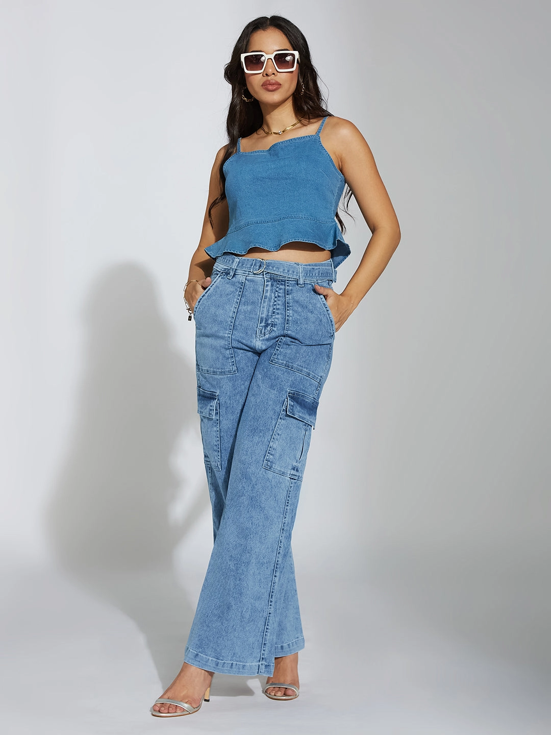 Women's Mid Blue Wide-Leg High-Rise Clean-Look Stretchable Cargo Denim Jeans Flexible Waist