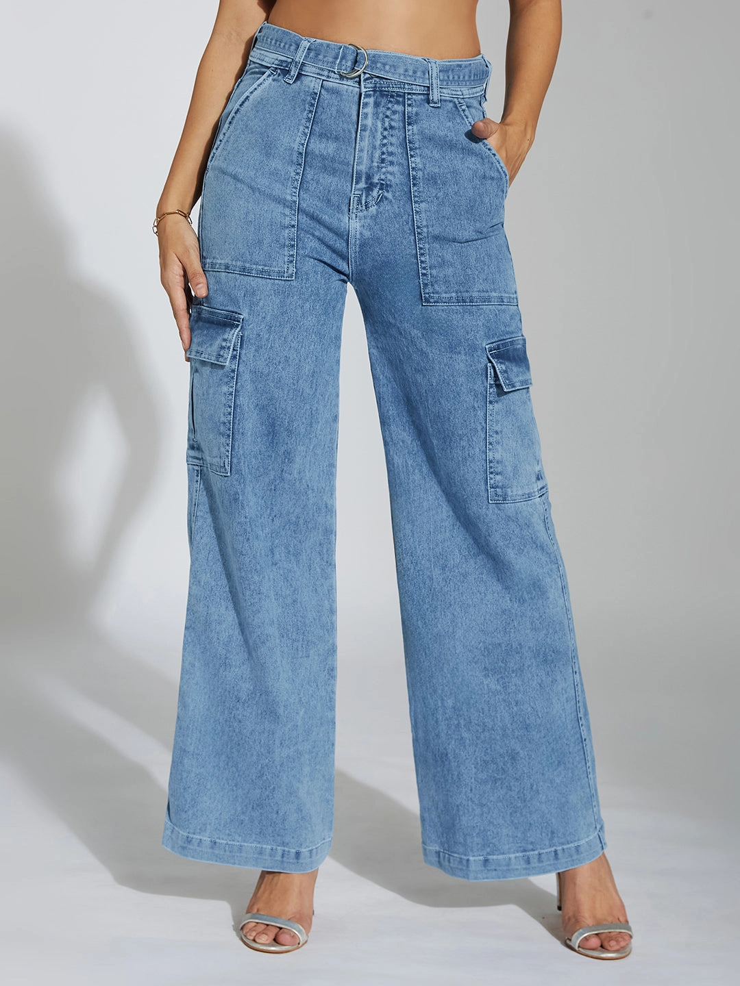 Women's Mid Blue Wide-Leg High-Rise Clean-Look Stretchable Cargo Denim Jeans Trendy Fit