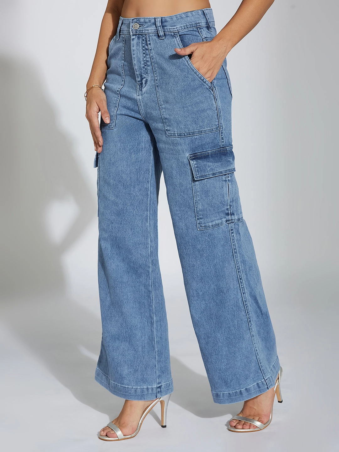 Women's Mid Blue Wide-Leg High-Rise Clean-Look Stretchable Denim Jeans Sleek Design Fashion Fit Design