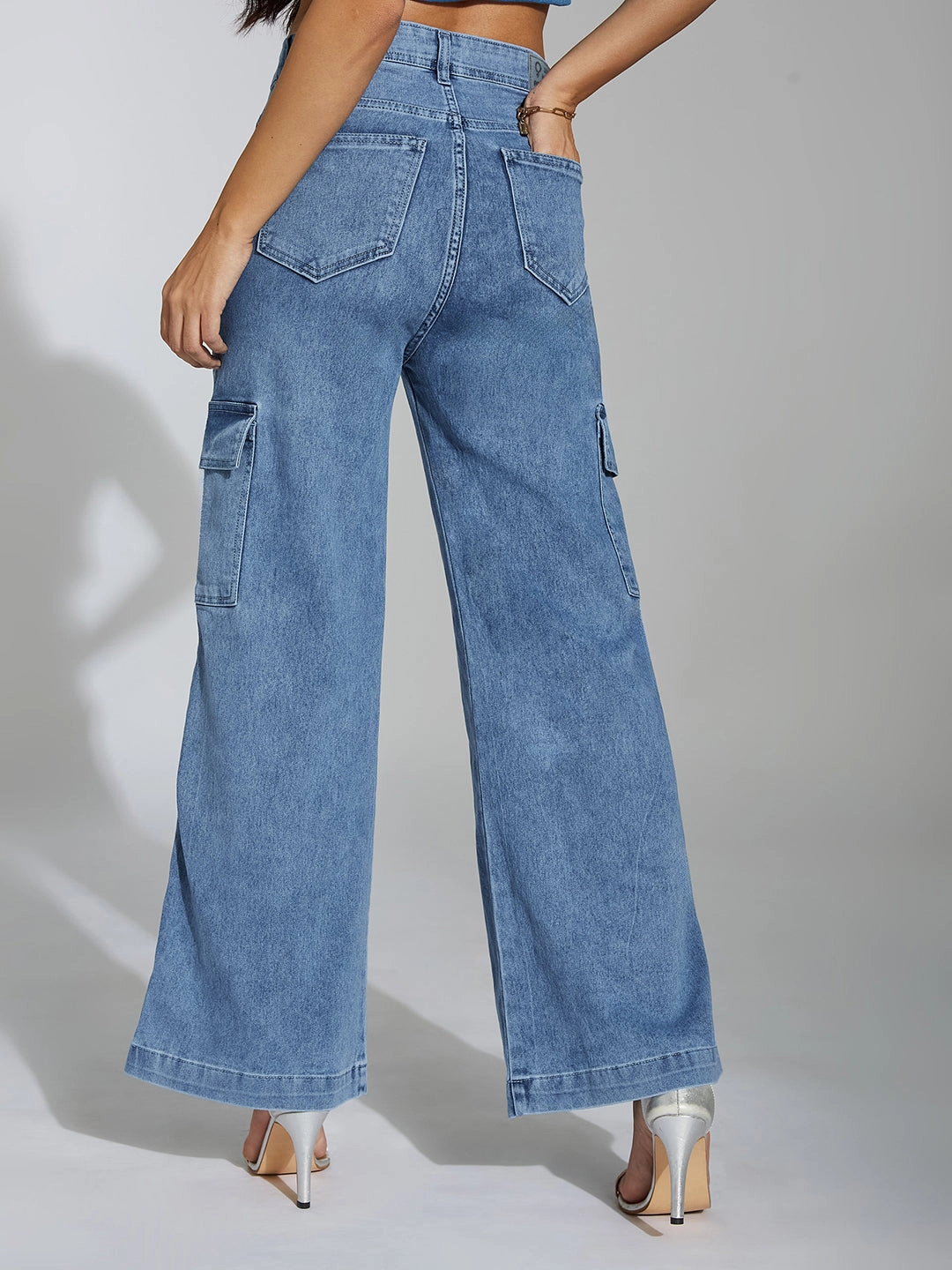 Women's Mid Blue Wide-Leg High-Rise Clean-Look Stretchable Denim Jeans Youth Outfit Flexible Waist