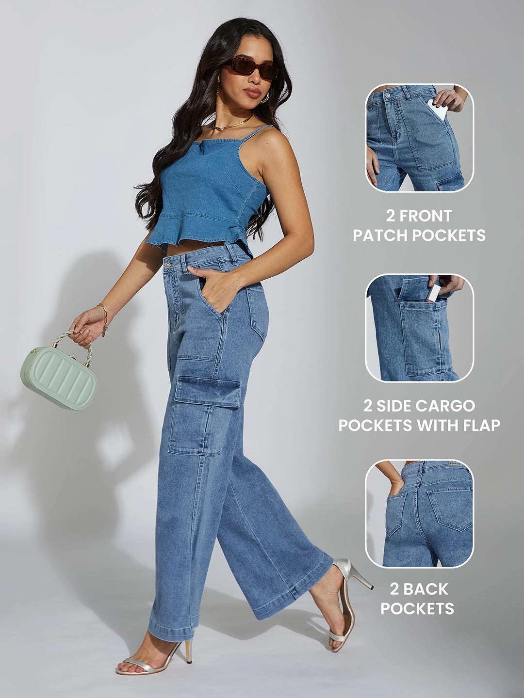Women's Mid Blue Wide-Leg High-Rise Clean-Look Stretchable Denim Jeans Artist Vibe Everyday City Life Style