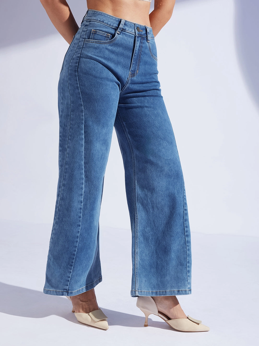 Women's Mid Blue Wide Leg High Rise Curved Panel Clean Look Stretchable Denim Jeans Simple Attire