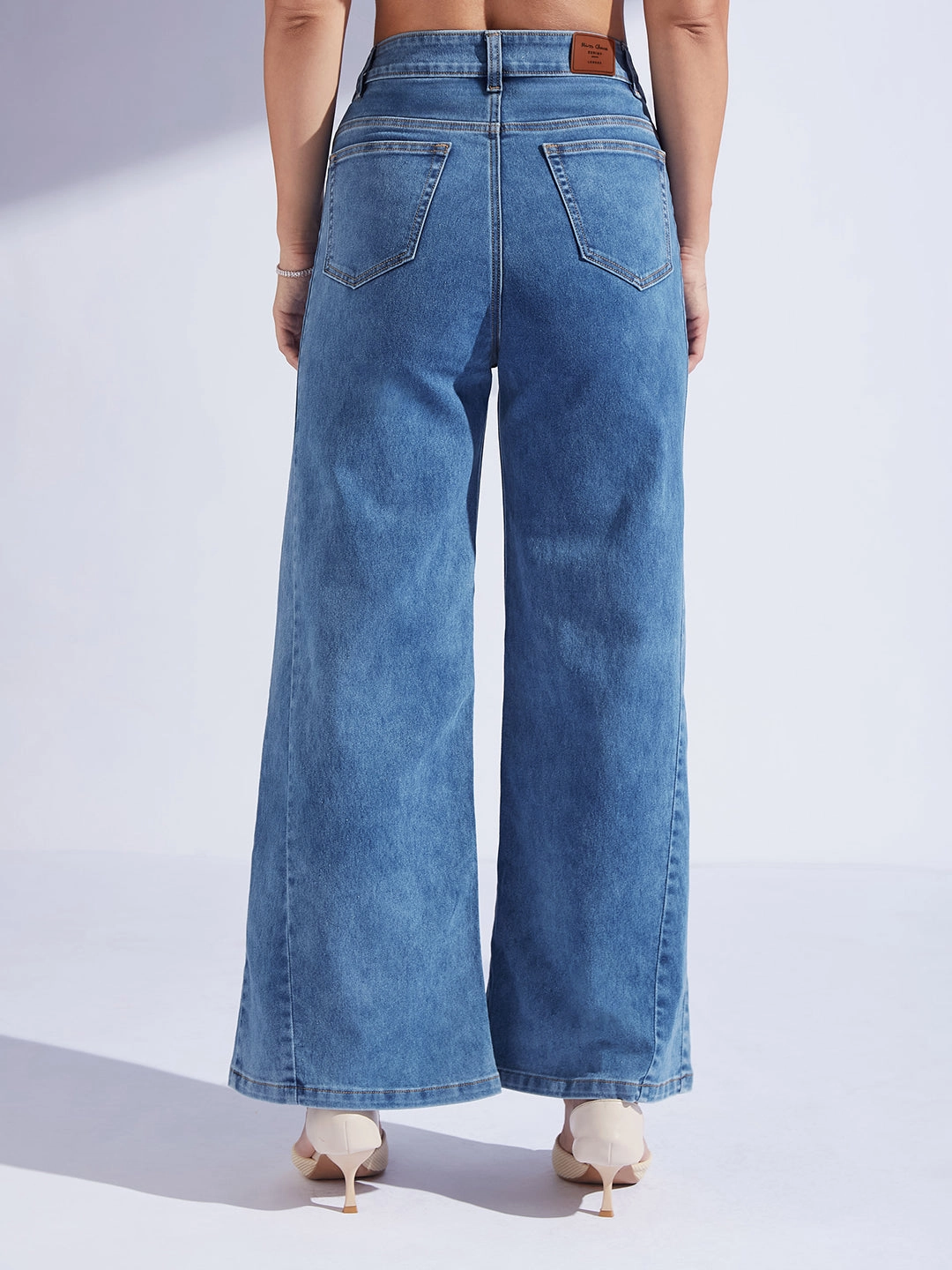 Women's Mid Blue Wide Leg High Rise Curved Panel Clean Look Stretchable Denim Jeans Street Cool