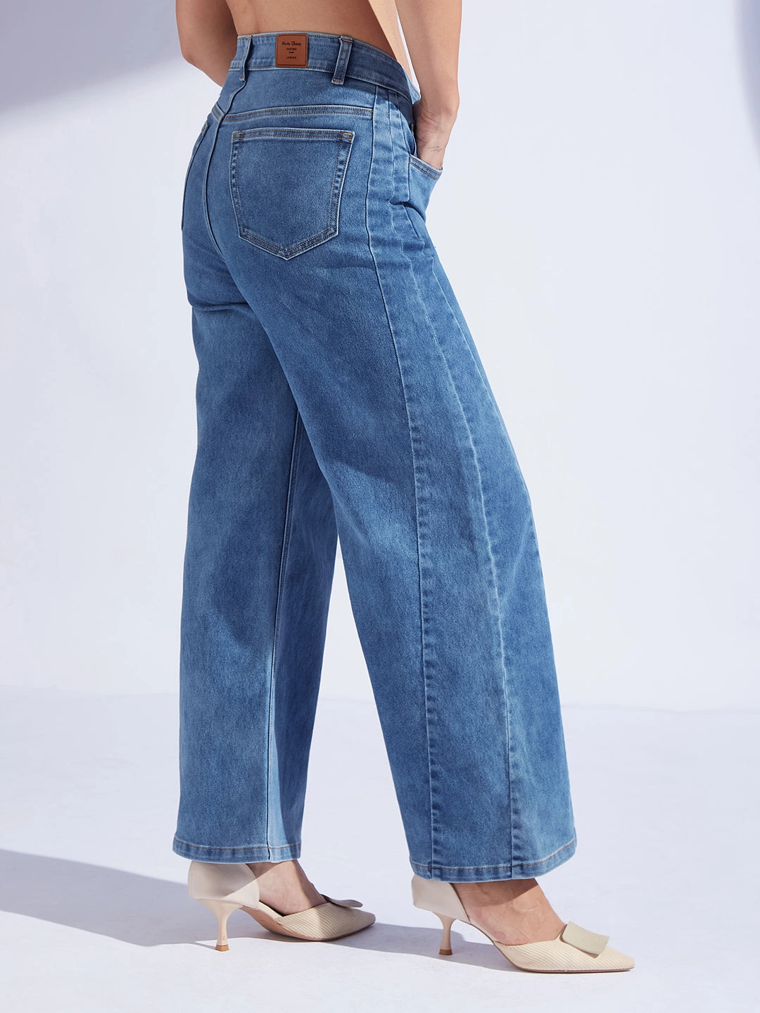 Tailored Fit Contemporary Style Women's Mid Blue Wide Leg High Rise Curved Panel Clean Look Stretchable Denim Jeans