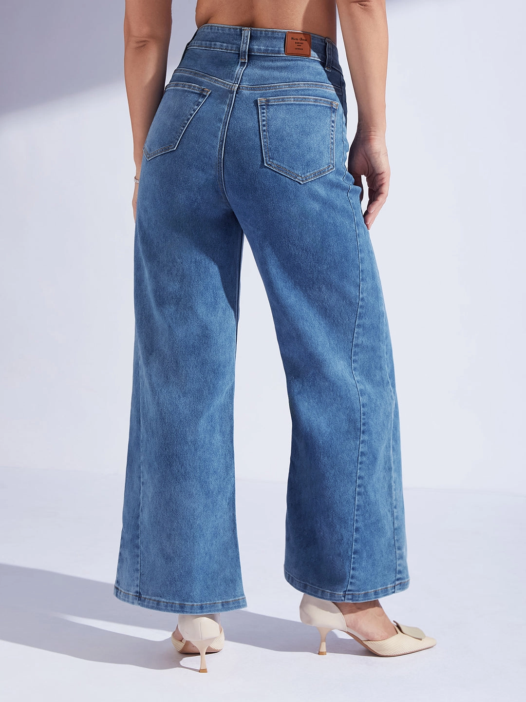 Women's Mid Blue Wide Leg High-Rise Curved Panel Stretchable Denim Jeans Timeless casual Timeless Edge