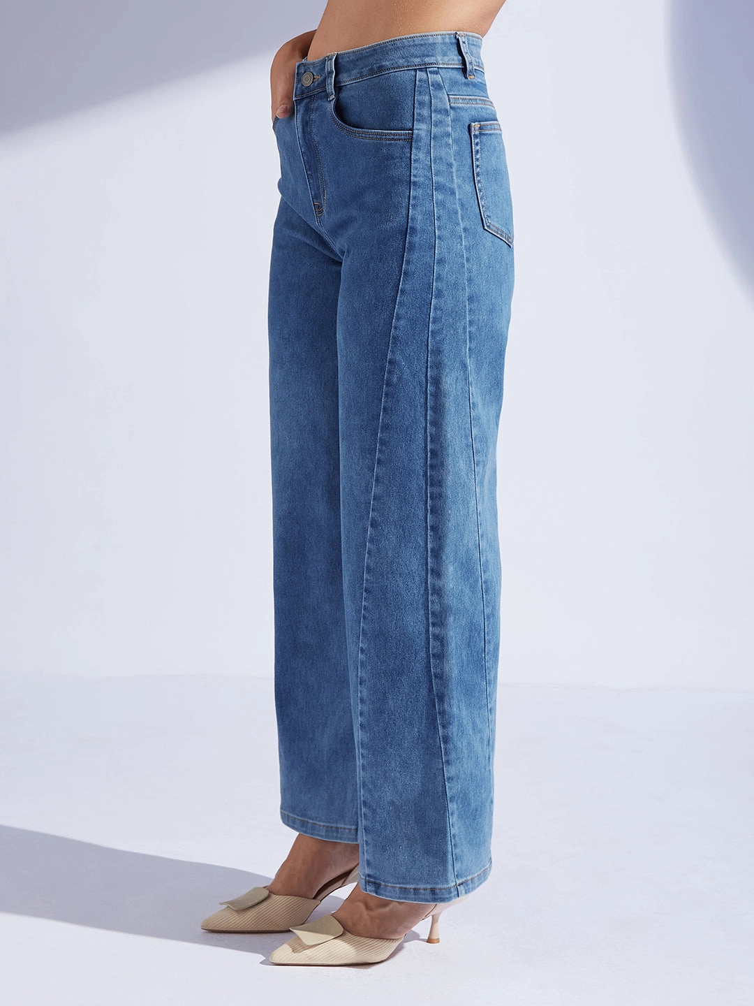 Women's Mid Blue Wide Leg High-Rise Curved Panel Stretchable Denim Jeans Flexible Knee Panels