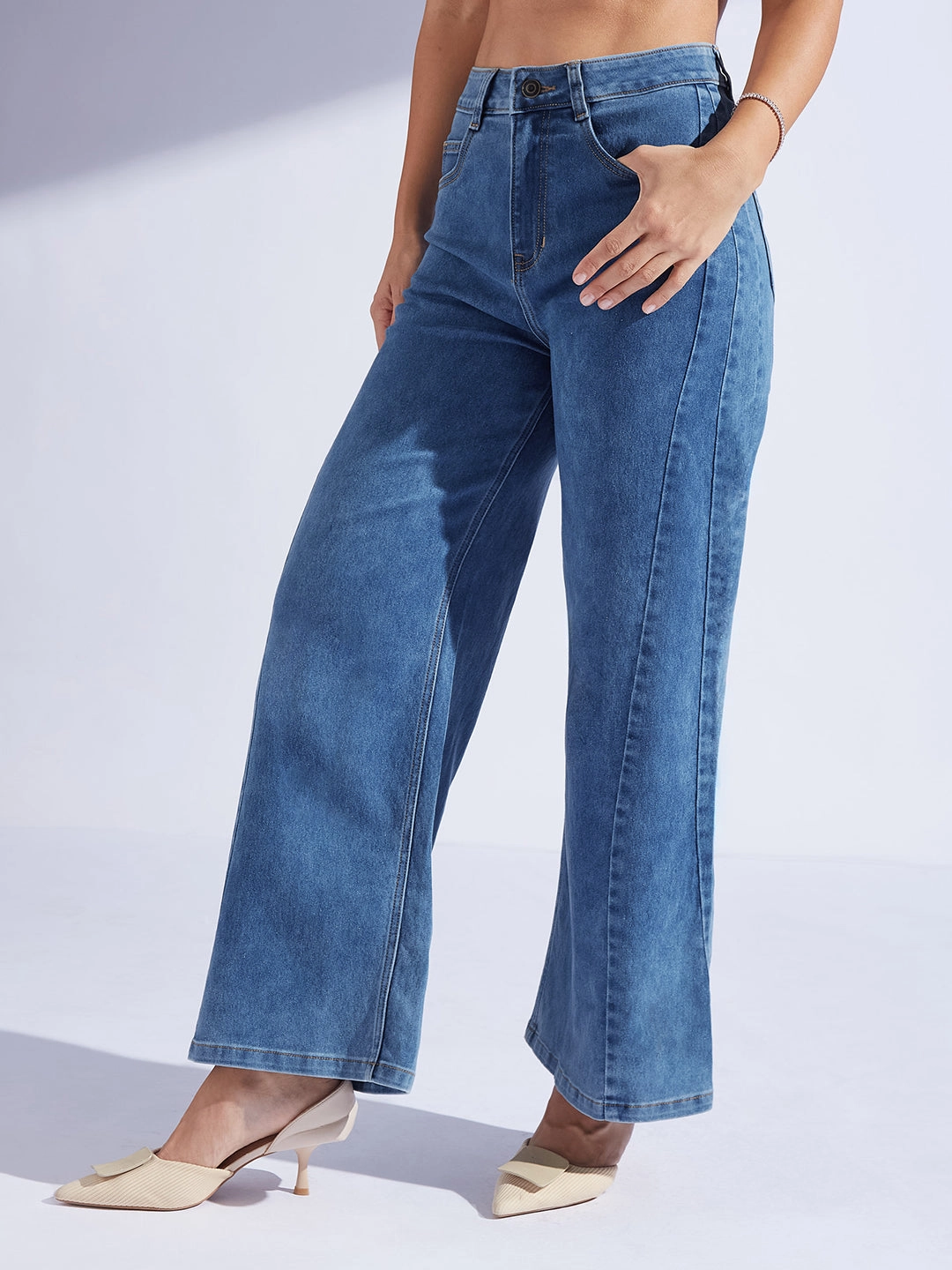 Women's Mid Blue Wide Leg High-Rise Curved Panel Stretchable Denim Jeans Cool Day Look