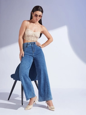 Wardrobe Staple Women's Mid Blue Wide Leg High-Rise Curved Panel Stretchable Denim Jeans