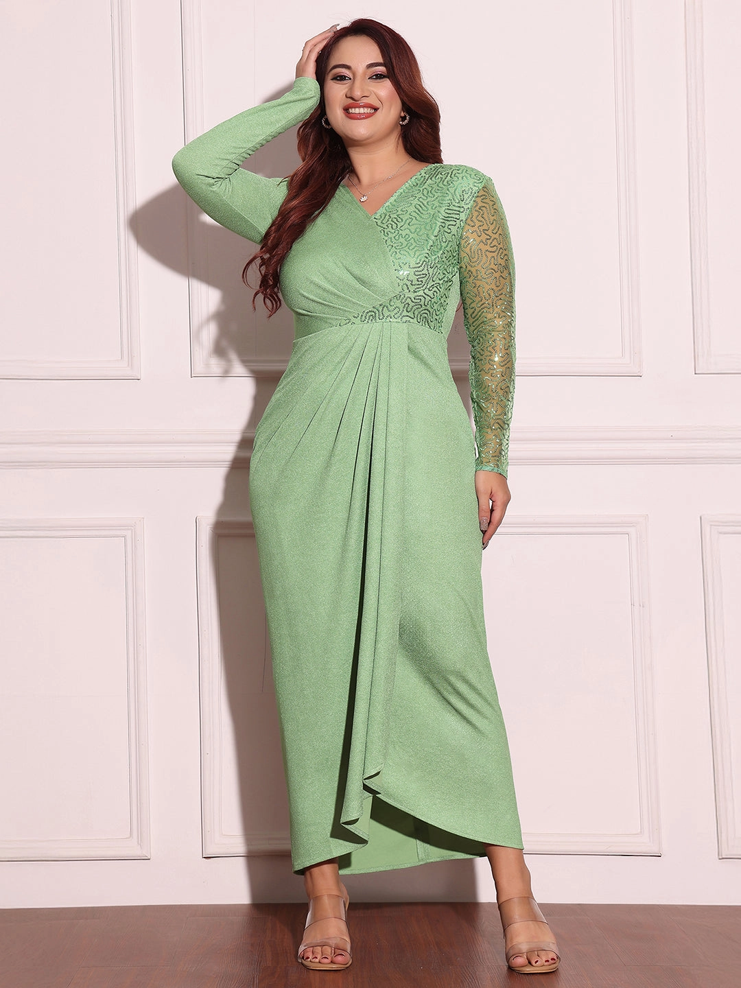 plus-size Women's Mint Embellished V-Neck Full-Sleeves  Pleated Slim Fit Longline Dress