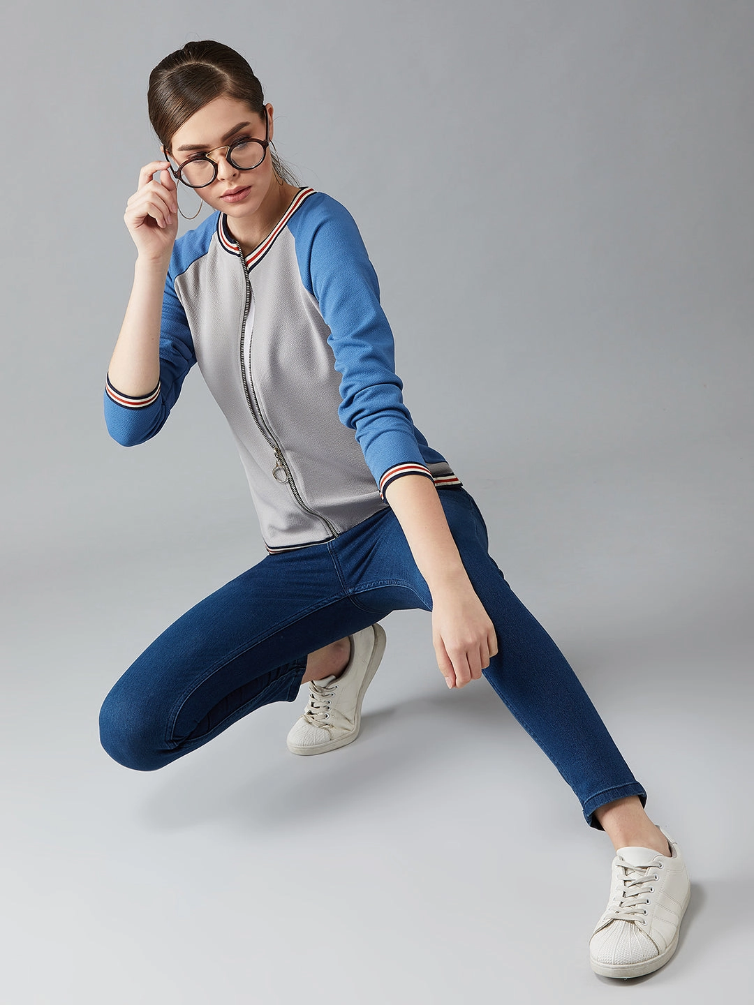 Moisture Management Fabric Women's Multicolor-Base Azure Blue Round Neck Full Sleeves Solid Boxy Color-blocked Regular Length Jacket