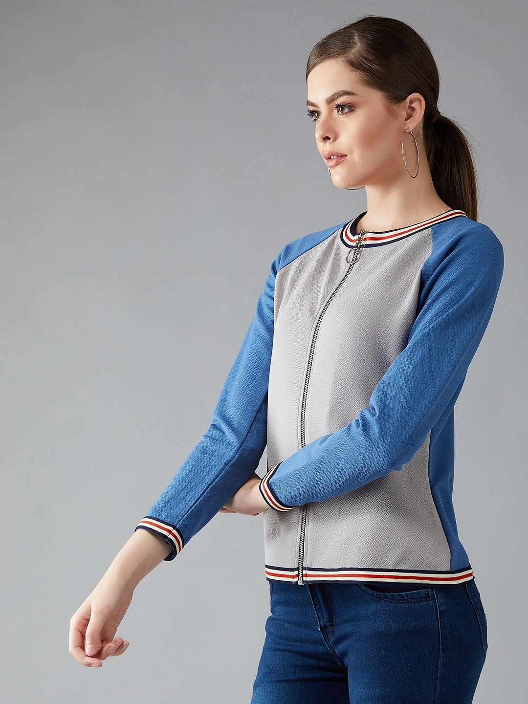 Multi Pocket Roll up sleeves Women's Multicolor-Base Azure Blue Round Neck Full Sleeves Solid Boxy Color-blocked Regular Length Jacket