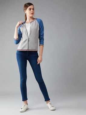 Women's Multicolor-Base Azure Blue Round Neck Full Sleeves Solid Boxy Color-blocked Regular Length Jacket Sealed Seams Weekend Ready