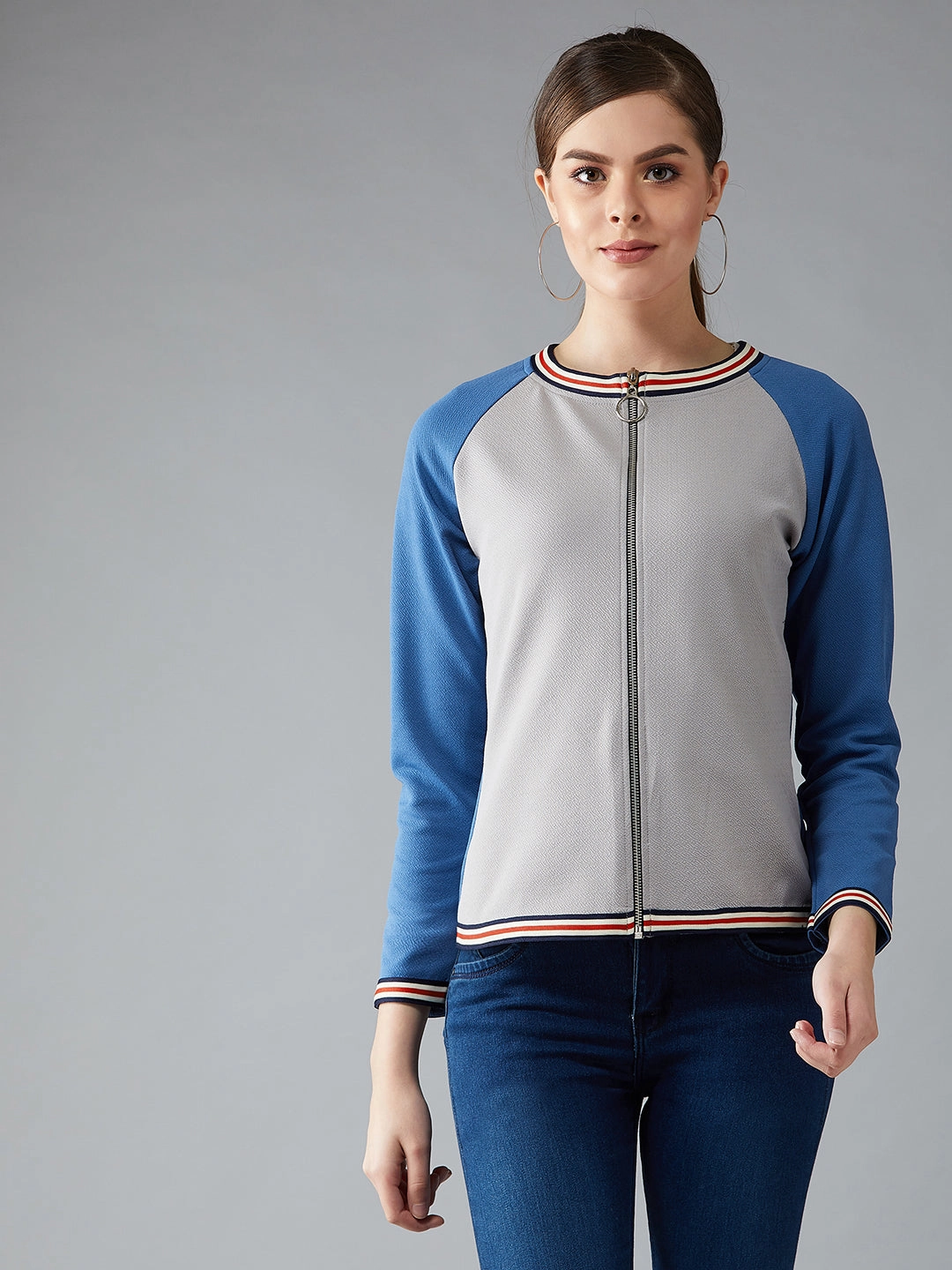 Women's Multicolor-Base Azure Blue Round Neck Full Sleeves Solid Boxy Color-blocked Regular Length Jacket Practical Design