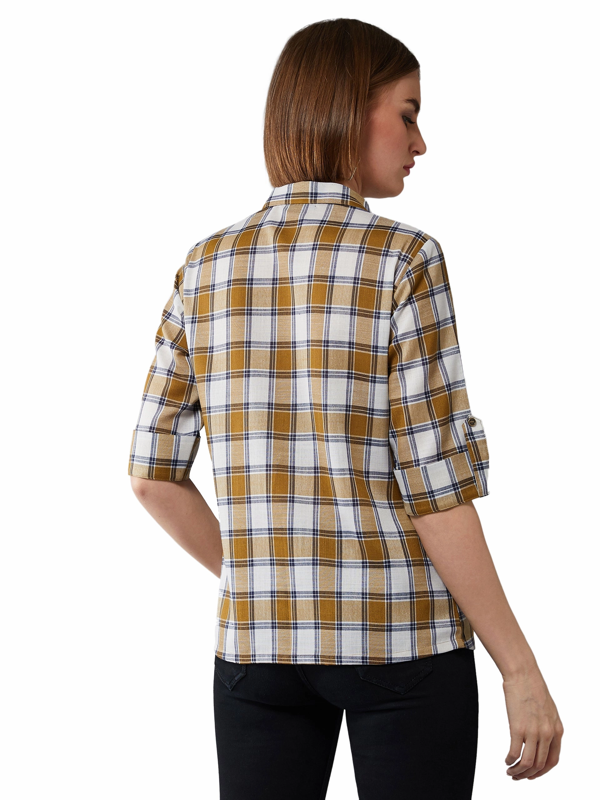 Comfy Cardigan Snag Free Fabric Women's Multicolor-Base White Collared Neck 3/4 Sleeves Checkered Basic Shirt