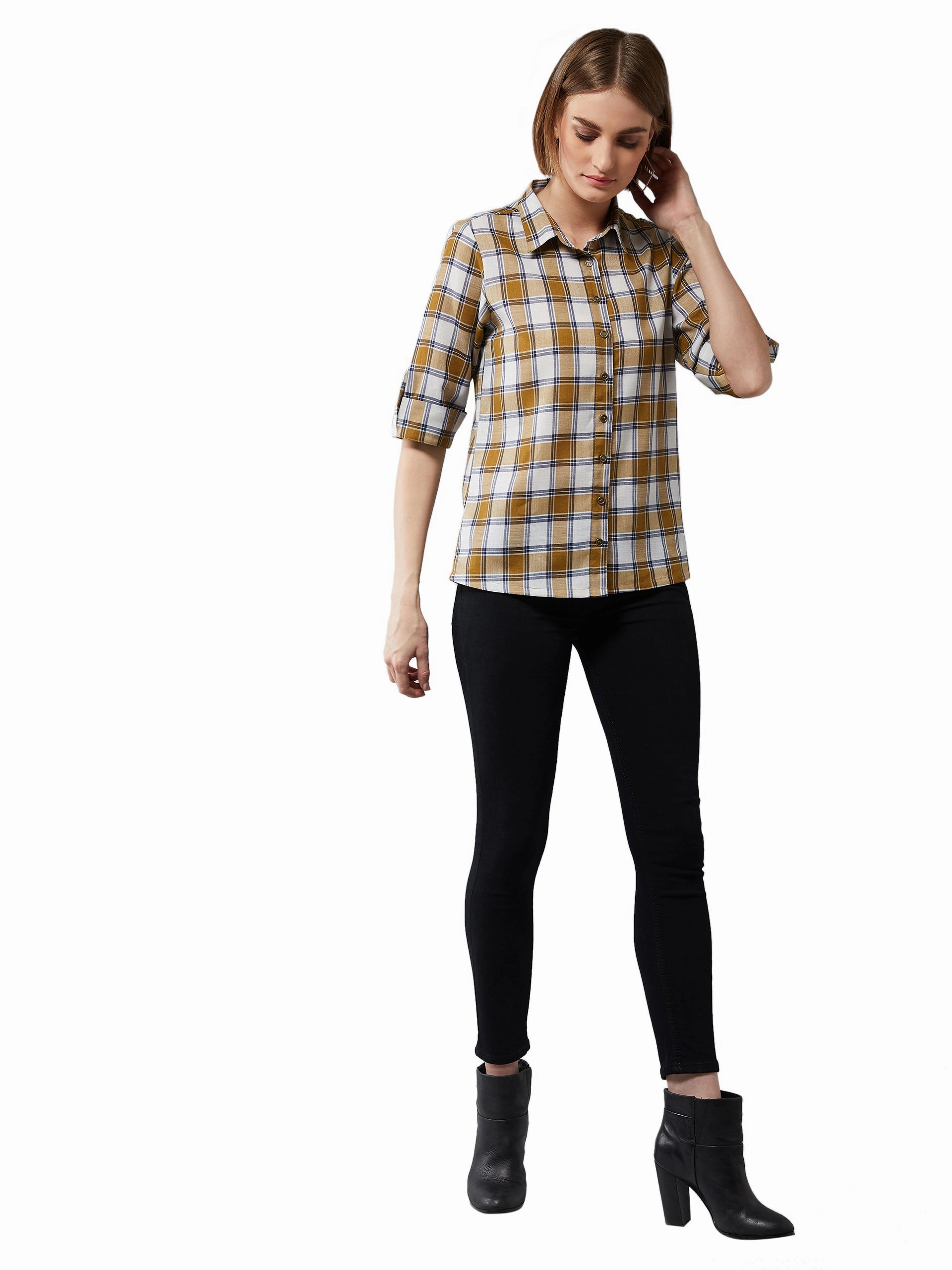 Tailored Silhouette Recycled Polyester Fabric Women's Multicolor-Base White Collared Neck 3/4 Sleeves Checkered Basic Shirt