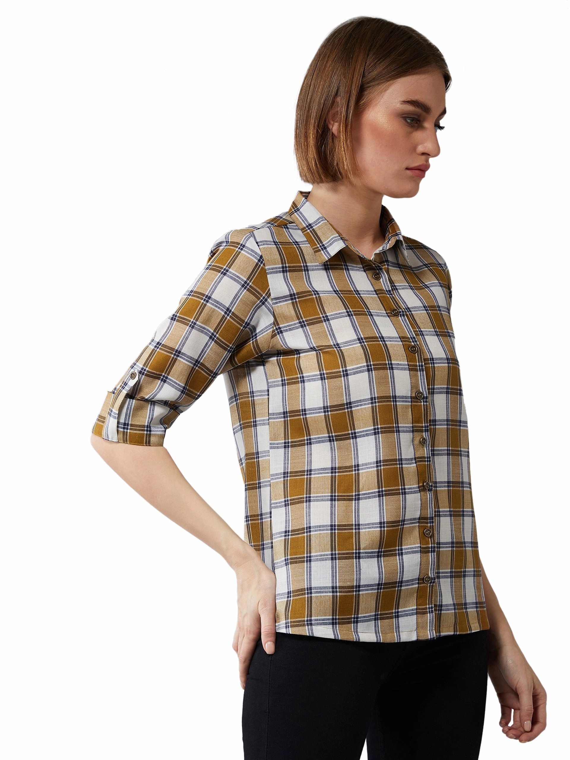 Women's Multicolor-Base White Collared Neck 3/4 Sleeves Checkered Basic Shirt DurableCollarStays Multi Panel Construction
