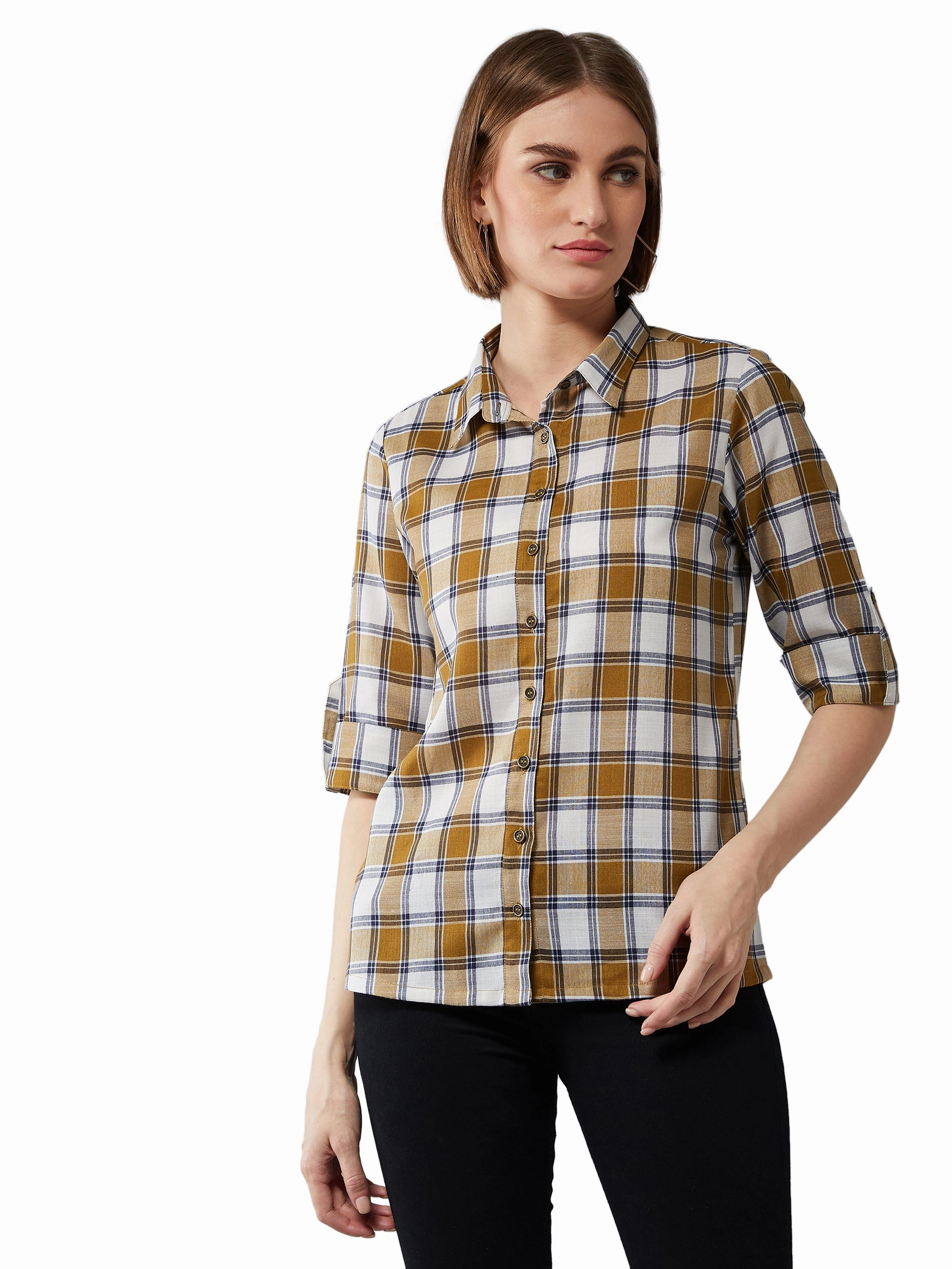 Women's Multicolor-Base White Collared Neck 3/4 Sleeves Checkered Basic Shirt Sustainable Waterproofing