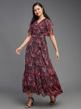Women's Multicolored-Base-Black Bohemian V-Neck Flutter Sleeve Chiffon Relaxed Fit Wrap Maxi Dress Night wear